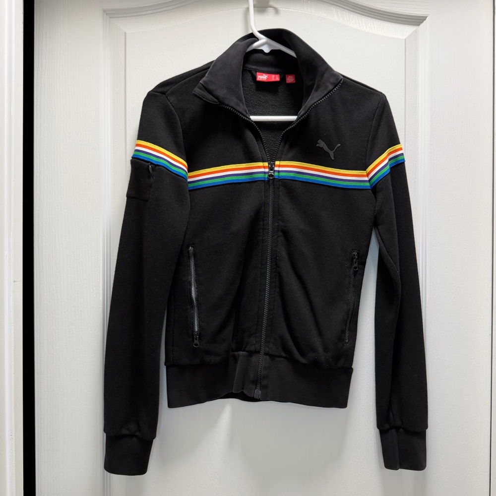 Puma Black Zip-Up Utility Jacket with Rainbow Stripes